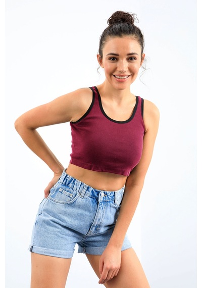 Tommy Life Bordo Basic Sıfır Kol Dar Kalıp U Yaka Kadın Crop Top Atlet - 97162 Bordo