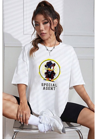 Unisex Special Agent Baskılı Oversize Tshirt Beyaz
