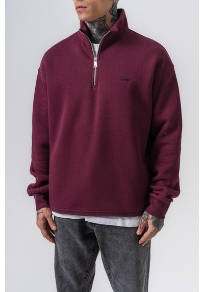 Erkek Respire Yazı Detaylı Yarım Fermuarlı Basic Sweatshirt Vişne Bordo