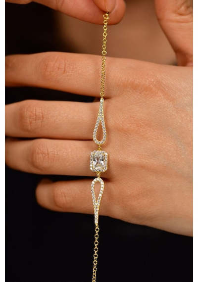 Zirkon Taşlı Gold Tektaş Baget Gümüş Bileklik B10031
