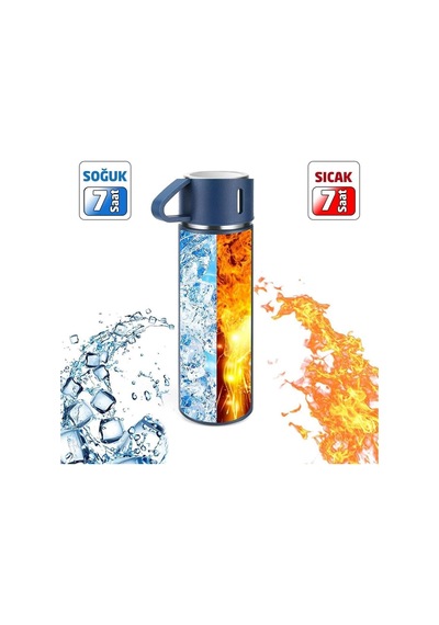 6002 Kupa Bardaklı Paslanmaz Çelik Termos Seti 500 Ml - Mavi Çok Renkli