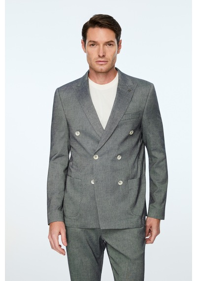Morven Erkek Marine Keten Trend Desenli Slim Fit Sivri Yaka Kruvaze Takım Elbise 26ys001002210 Marine