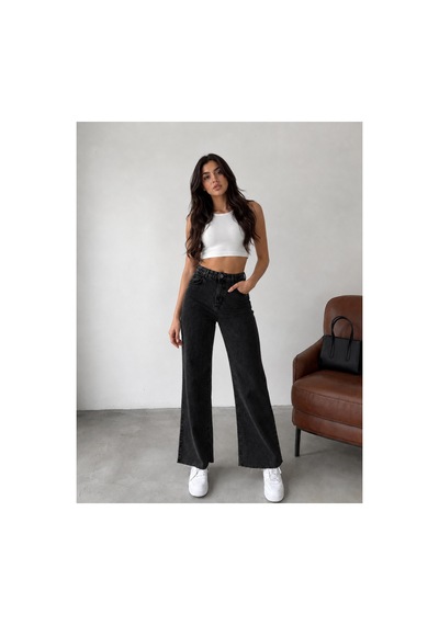 Kene Jeans Siyah Paça Kesik Yüksek Bel Boru Paça Kot/denim Jeans Pantolon Siyah