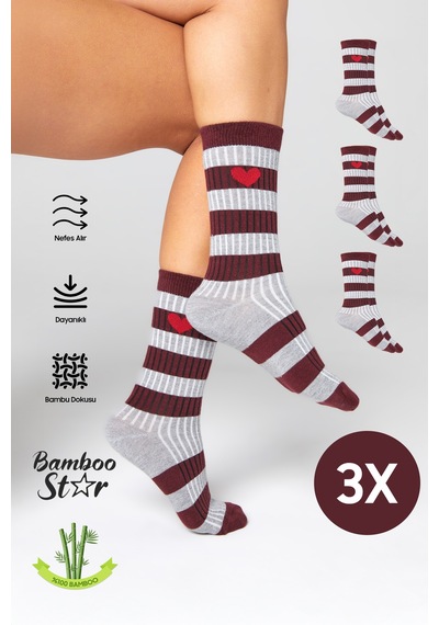 Bamboo Star Kadın Gri-bordo Soket Dikişsiz Kalp Desenli Çorap 3'lü Paket Sıkmayan Çorap / İz Bırakmaz Gri - Bordo