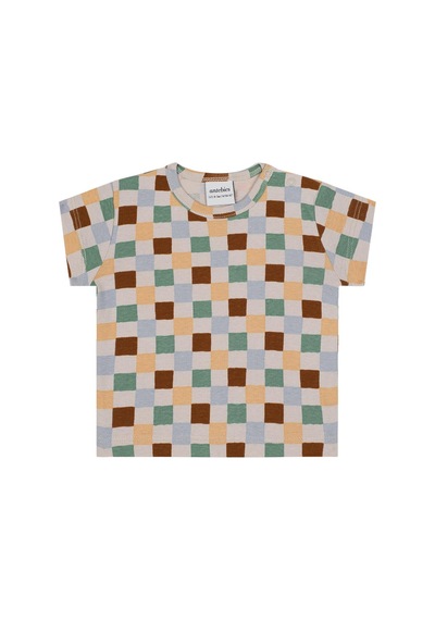 Antebies Organik Gots Sertifikalı Pastel Damalar Beli Lastikli Bağcıklı Kısa Kollu Erkek Bebek Tshirt Şort Takımı Bej