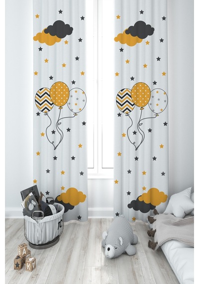 Mekta Home Bebek Ve Çocuk Odası Üç Balonlu Yıldız Desenli 2 Kanat Fon Perde