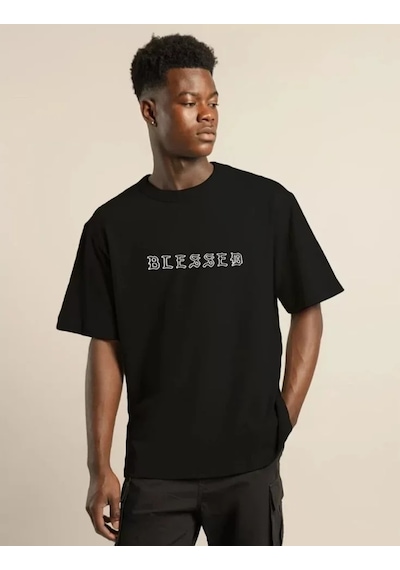 Unisex Bisiklet Yaka Oversize Baskılı T-shirt - Siyah Siyah