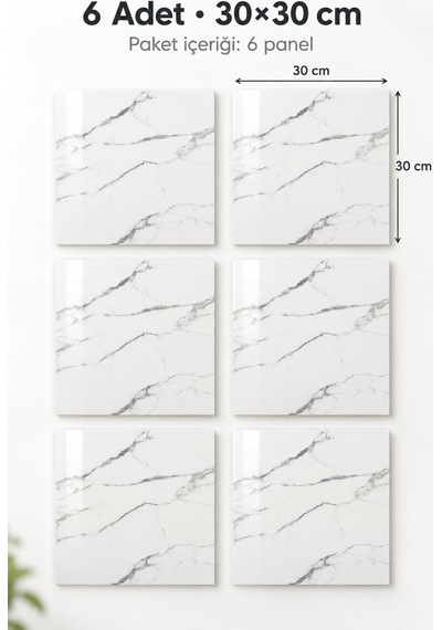 Kendinden Yapışkanlı Beyaz Mermer Desenli Duvar Paneli 30x30 Cm 6 Adet