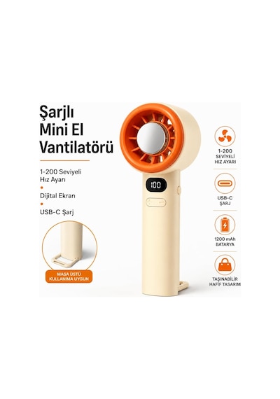 Şarjlı Mini El Vantilatörü Dijital Ekranlı 1-200 Seviyeli Hız Ayarlı Usb-c Şarjlı Taşınabilir Masaüstü Ve E