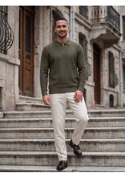 Maccali Erkek Haki Fitil Detaylı Fermuarlı Polo Yaka Triko Sweatshirt