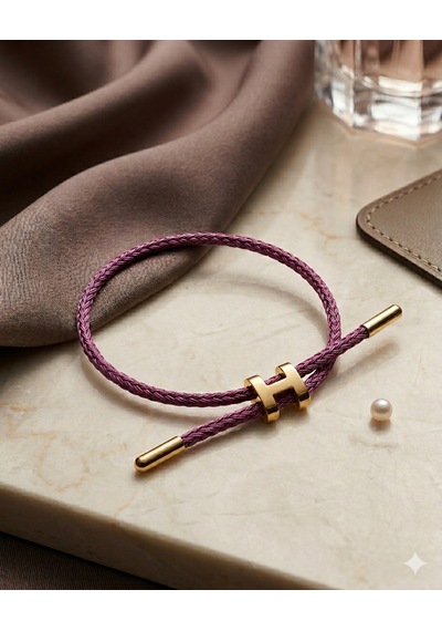Unisex H Model Gold Renk Çelik Detay Eflatun İp Bileklik Mor