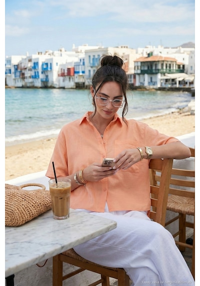 Lela Regular Fit Göğüs Cepli Kısa Kollu Bayan Gömlek 6779324 Oranj