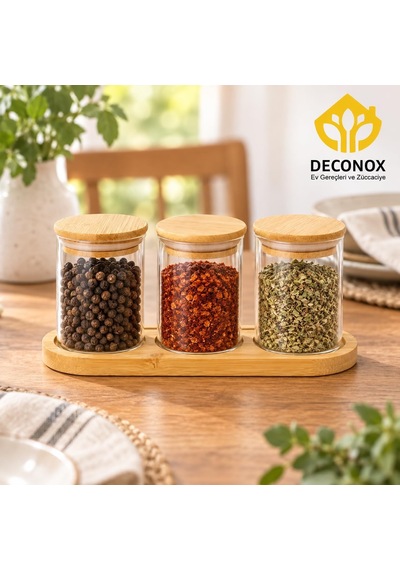 Bambu Standlı Yuvarlak 3 Lü Cam Baharatlık Seti, 3 X 190 Ml, Bambu Kapaklı Baharat Kavanozları, Üç Yuvalı Tezgah Üstü Düzenleyici Çok Renkli