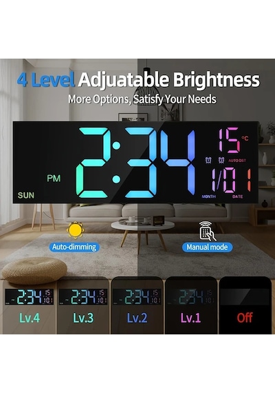 Wangxi 1 Adet 16 İnç Büyük Dijital Duvar Saati Siyah Rgb Alarm 4 Seviye Parlaklık Uzakt Siyah