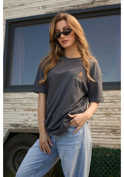 Velvoria Unisex Oversize I Love Camp Baskılı Antrasit Renk T-shirt