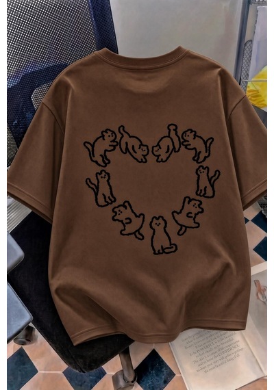 Kedi Kalp Desenli Oversize/rahat Kesim Kısa Kollu T-shirt Kahve