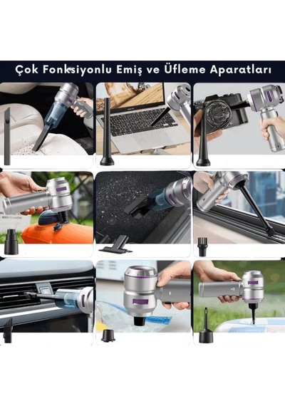 9 Farklı Uçlu Kablosuz Şarjlı Araç İçi Süpürge Wireless Destekli, Güçlü Emiş, Taşınabilir Pratik