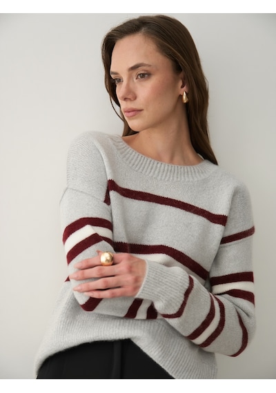 Laluvia Bordo Renkli Çizgili Oversize Triko Kazak - 2516 Bordo
