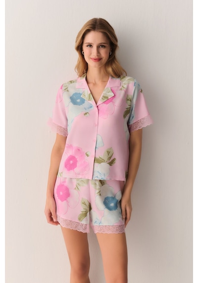 Suwen Meloni Gömlek Yaka Şort Pijama Takımı Sh26531667b334 Pembe