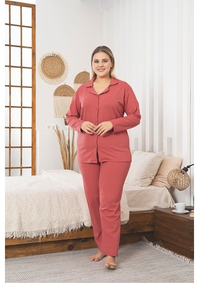 Büyük Beden Boydan Düğmeli Kaşkorse Kumaş Pijama Takımı Nar Çiçeği