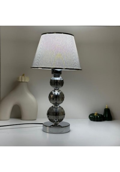 Mooncher Cam Gövdeli Krom Metal Abajur Gümüş Şeritli Gri Kumaş Başlık Gece Lambası Krom