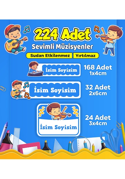 Sevimli Müzisyen Temalı Okul Kreş Kişiye Özel İsim Etiket Seti - Model 503 Çok Renkli