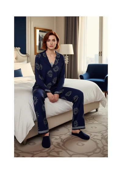 Ersefa Kadın Güneş Baskılı Gömlek Ve Pantolon Pijama Takımı Fonksiyonel lacivert