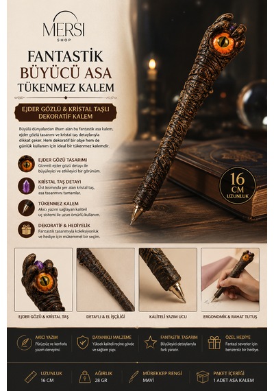 Fantastik Büyücü Asa Tükenmez Kalem Ejder Gözlü & Kristal Taşlı Dekoratif Kalem 16cm Açık Kahverengi