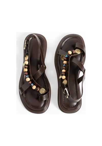Duxal Shoes Greta Kadın Boncuklu Parmak Arası Sandalet Rahat Taban Acıkahve