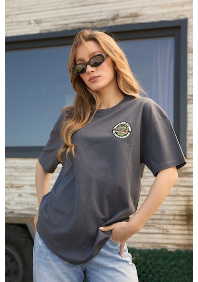 Velvoria Unisex Oversize Home Is Where Baskılı Antrasit Renk T-shirt