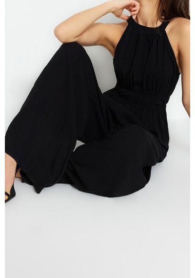 Ersefa Kadın Moda Reglan Kol Boru Paça Halter Yaka Uzun Beli Büzgü Detay Siyah