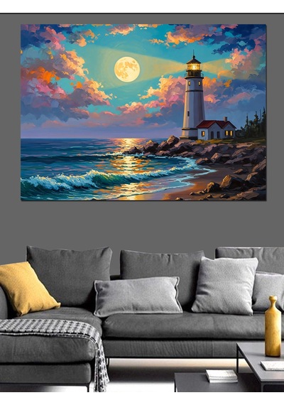 Ahşap Tablo Gece Deniz Feneri Ve Ay