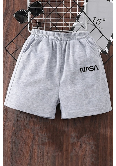Uyguntarz Tasarım Baskılı Pamuk Unisex Penye Short Açık Gri - Melanj
