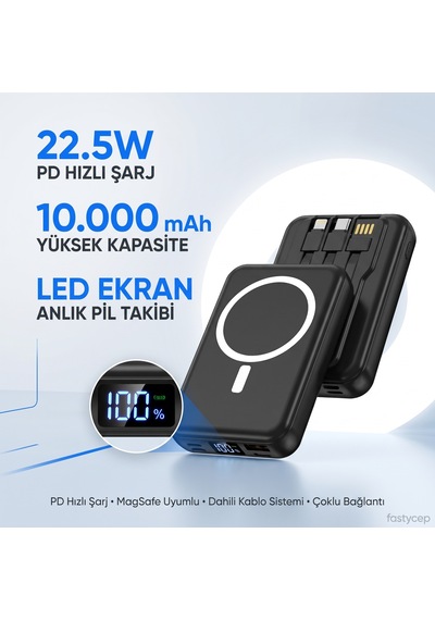 10.000 Mah Kablosuz Hızlı Şarjlı Magsafe Powerbank Led Ekranlı Dahili Kablolu Powerbank Çoklu Giriş