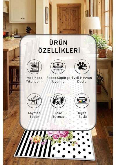 Puantiye Varaksız Beyaz Yıkanabilir Mutfak Halısı