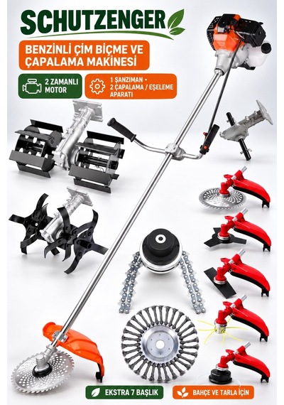 Schutzenger HX-50 Benzinli Çapalama Ve Eşeleme Başlıklı Çim Kesme Motoru 2 Çapalama 7 Başlıklı Full Bahçe Seti 52CC