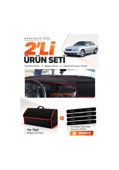 Opel Omega 1993-2003 Uyumlu Torpido Örtüsü + Tay Tüyü Bagaj Çantası + Sticker Seti - Siyah Kırmızı
