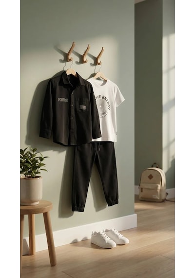 %100 Pamuk Bayramlık Erkek Çocuk Kombin Takım Gömlek, Baskılı Tişört Ve Pantalon 3 Lü Şık Set Siyah %100 Pamuk Bayramlık Erkek Çocuk Kombin Takım Gömlek, Baskılı Tişört Ve Pantalon 3 Lü Şık Set Siyah