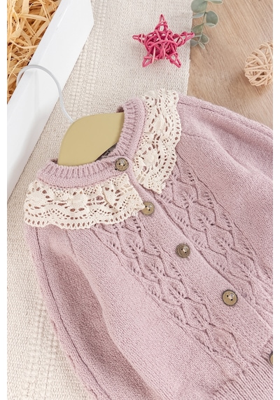 Babymod Dantel Yakalı Triko Kız Bebek Hırka Pantolon Takım Triko Bebek Seti 001