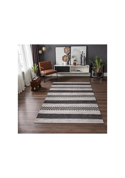 Siyah Krem Çizgili Kilim İskandinav Boho Desenli, Kaymaz Taban, Yıkanabilir,antialerjik Siyah Siyah
