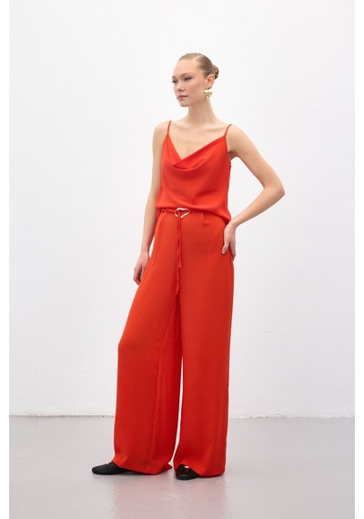 Sateen Kemerli Salaş Pantolon - Oranj-136698 Oranj