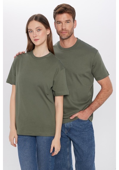 Tudors Unisex Relax Fit Rahat Kesim %100 Pamuk Yumuşak Dokulu Basic Bisiklet Yaka Haki Tişört-30850 Haki