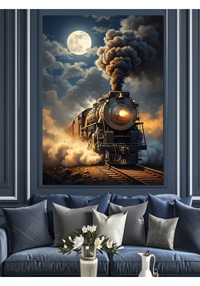 Ahşap Tablo Gece Vakti Işıldayan Eski Buharlı Tren
