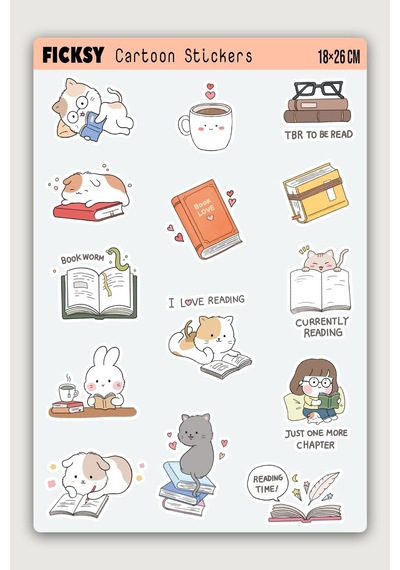 Kawaii Stili Sevimli Hayvanlar Kitap Tutkunu Temalı Sticker Seti - 14 Adet Etiket Çıkartma Diğer