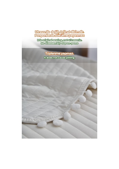 Evlen Home Collection Ponponlu Çift Kişilik %100 Pamuk Yatak Örtüsü Pike Takımı Krem Beyaz