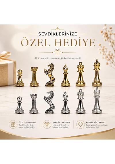 Lüks Metal Satranç Takımı Krom Figürlü 20 X 20 Cm Mavi Mermer Desenli Dekoratif Özel Hediye Seti