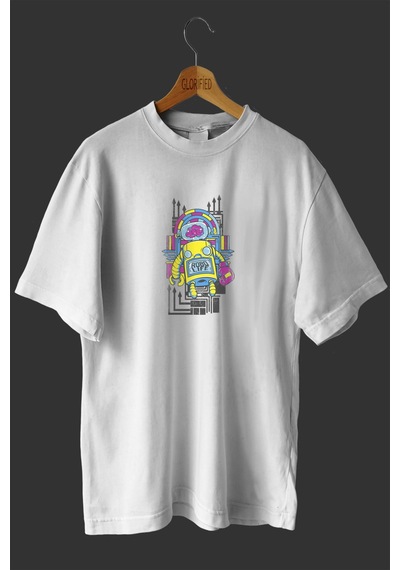 Noıssey -wed Robot Hayatı Tasarım Baskılı Oversize T-shirt Tişört Beyaz