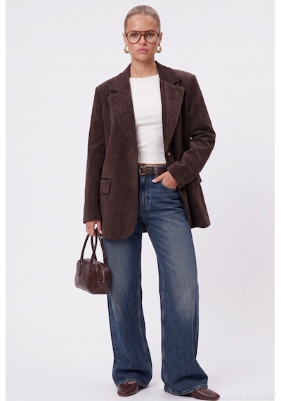 Ritnice Kadın Jonas Astarlı Cepli Kahverengi Lux Oversize Blazer Ceket