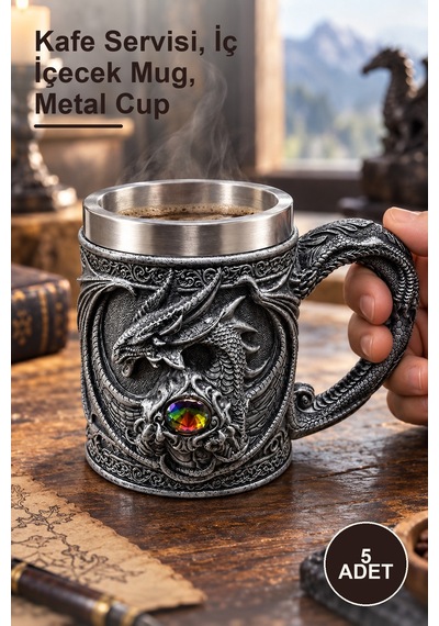 5 Adet Ejderha Gözü 3d Tasarımlı Paslanmaz Çelik Kupa Bardak Kafe Servisi, İç İçecek Mug, Metal Cup altın