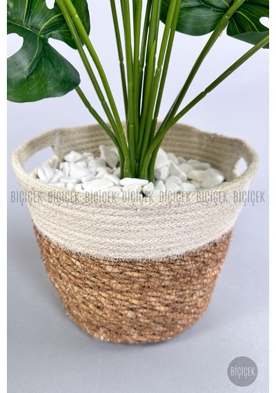 Yapay Monstera Deve Tabani 65 Cm Hasir Saksıda Krem